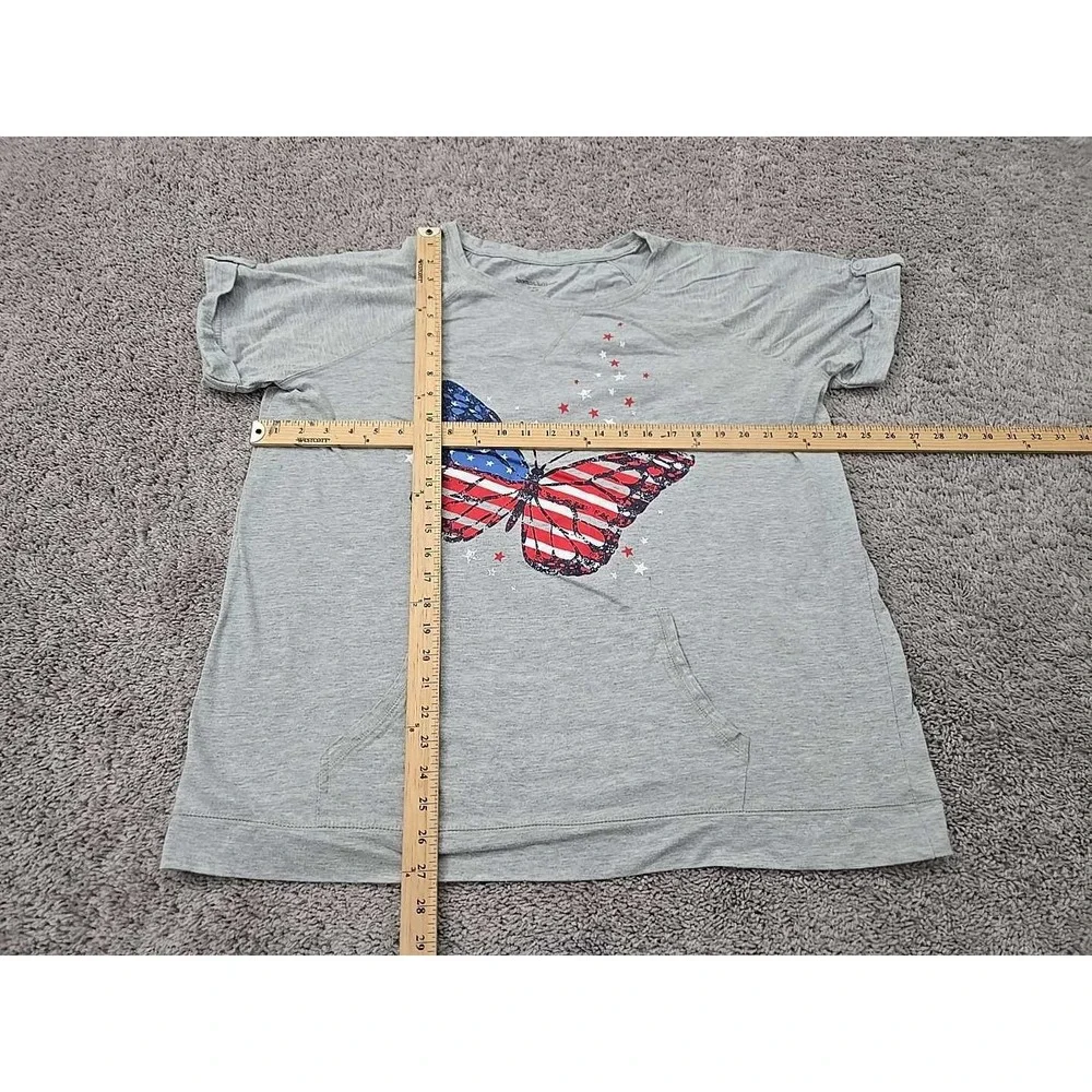 Woman Within Blouse Womens L Gray Cuffed Butterfly Kangaroo‎ Pocket Patriotic